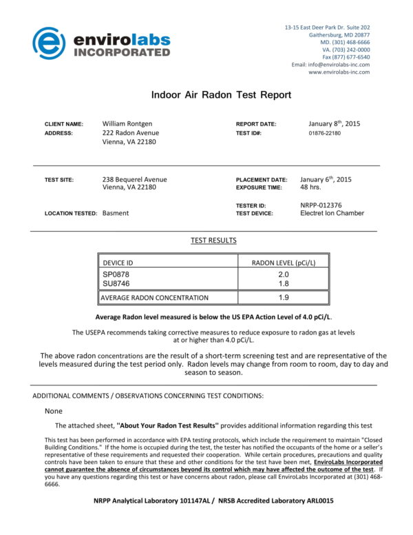 Standard Radon Test Envirolabs Incorporated