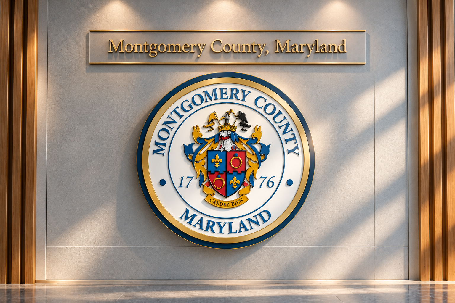 Montgomery County, Maryland 3D seal on an architectural wall