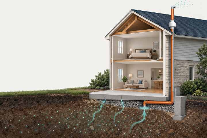 Illustration of radon entry and sub-slab venting