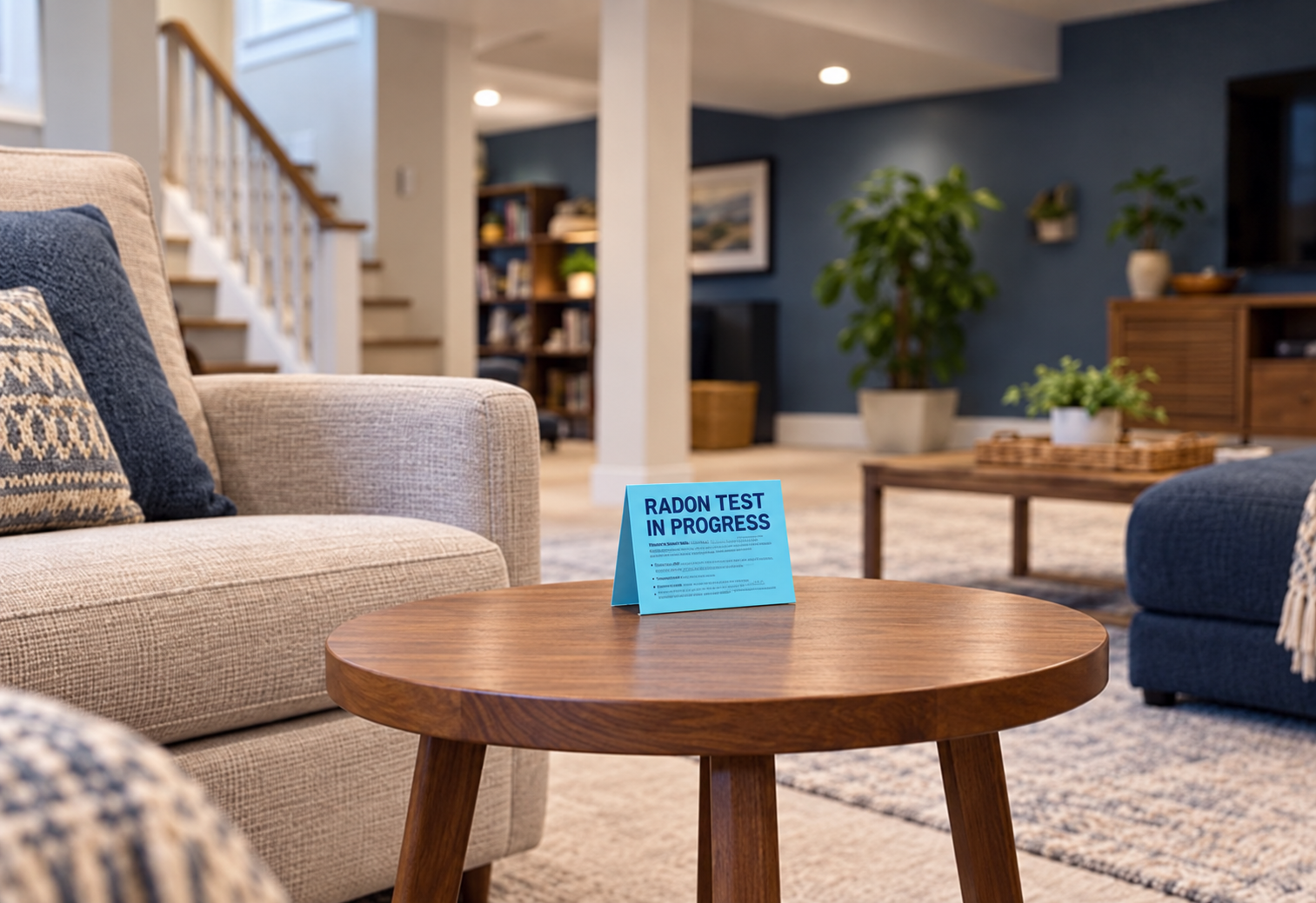 A passive radon test positioned in an open finished basement