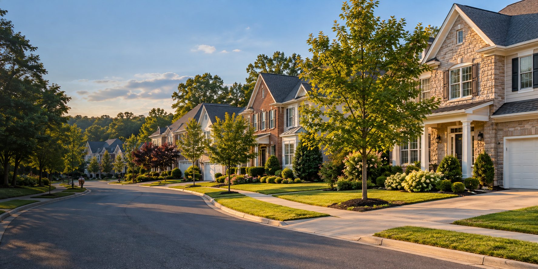 Street of townhomes and single-family homes